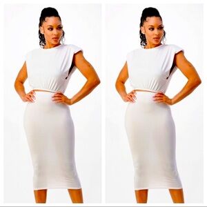 WOMEN’S WHITE TWO PIECE PADDED SHOULDER CROP TOP SHIRT MIDI CALF SKIRT SET